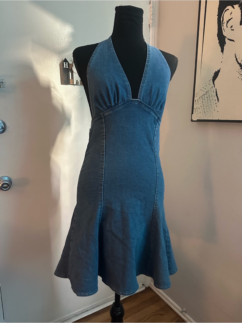 Denim-Style Halter Midi Dress in Blue